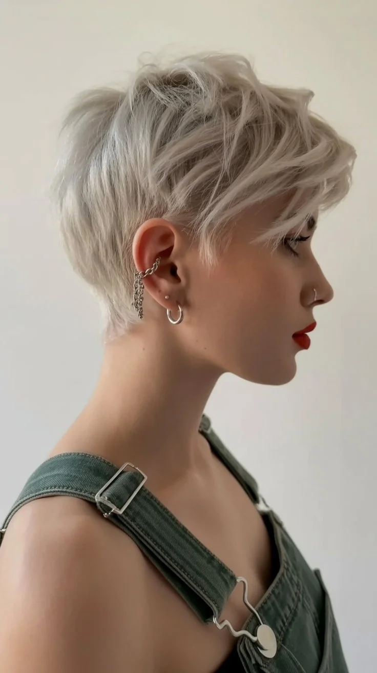 bold summer pixie haircuts 2026 Textured Platinum Pixie with Undone Layers