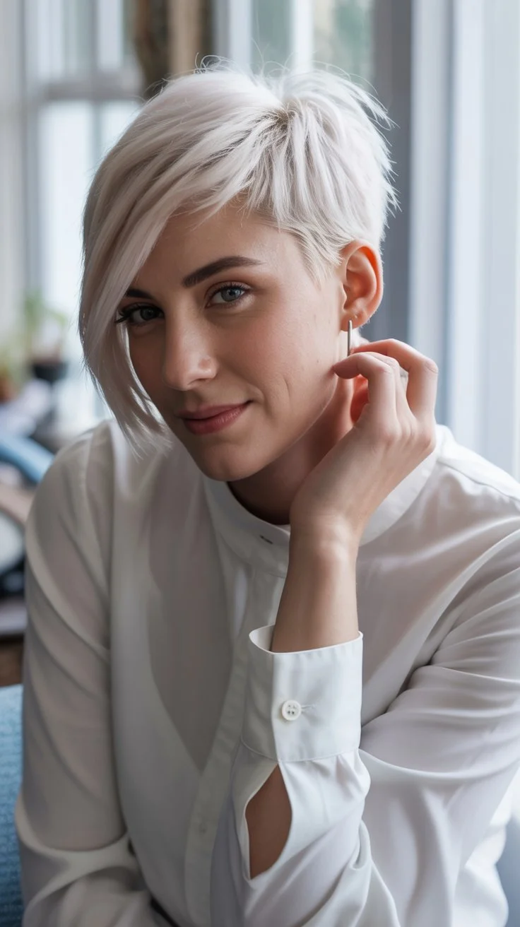 bold summer pixie haircuts 2026 Cool Platinum Pixie with Side Sweep Drama