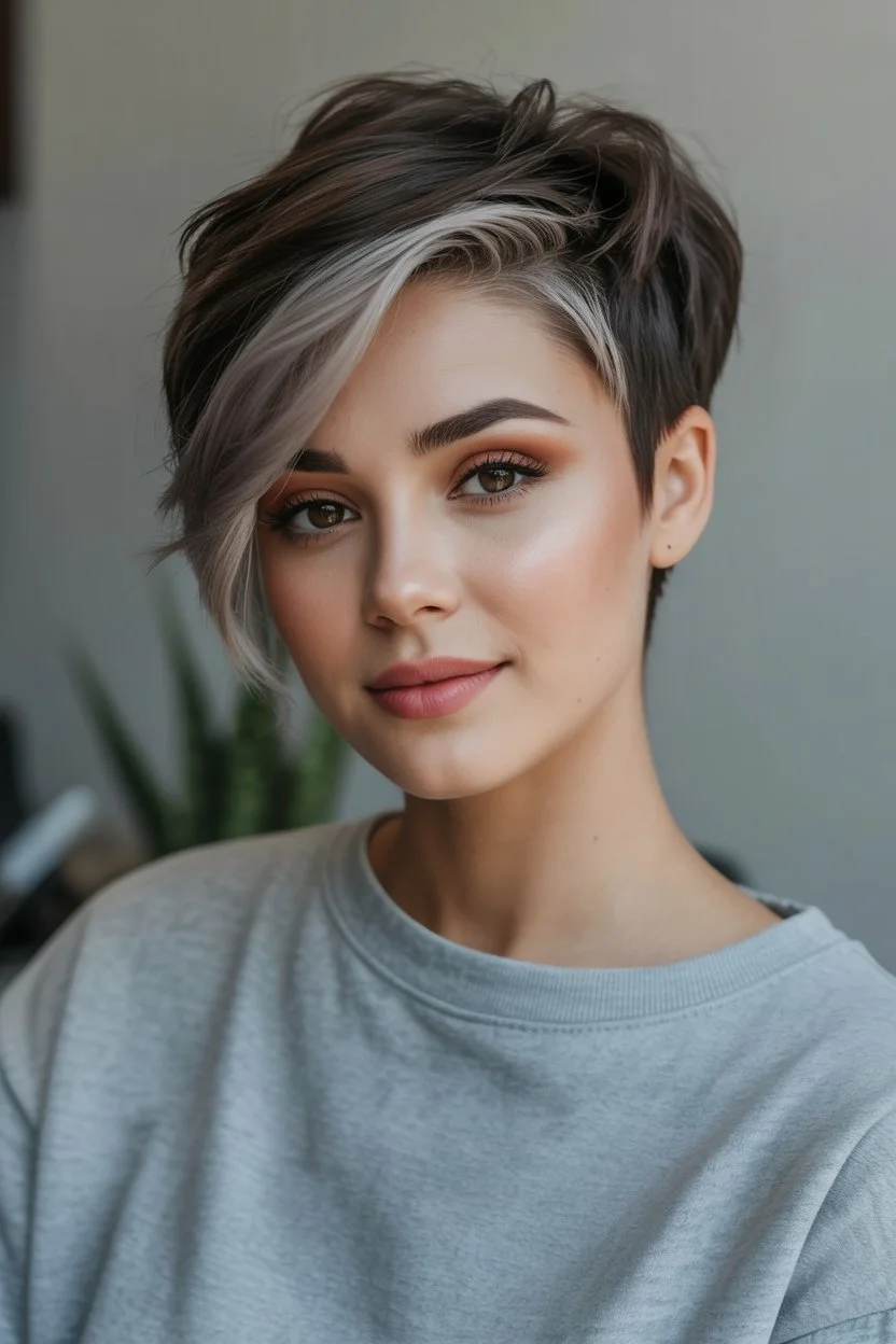 bold summer pixie haircuts 2026 Soft Contrast Pixie with Face Framing Blonde Streak