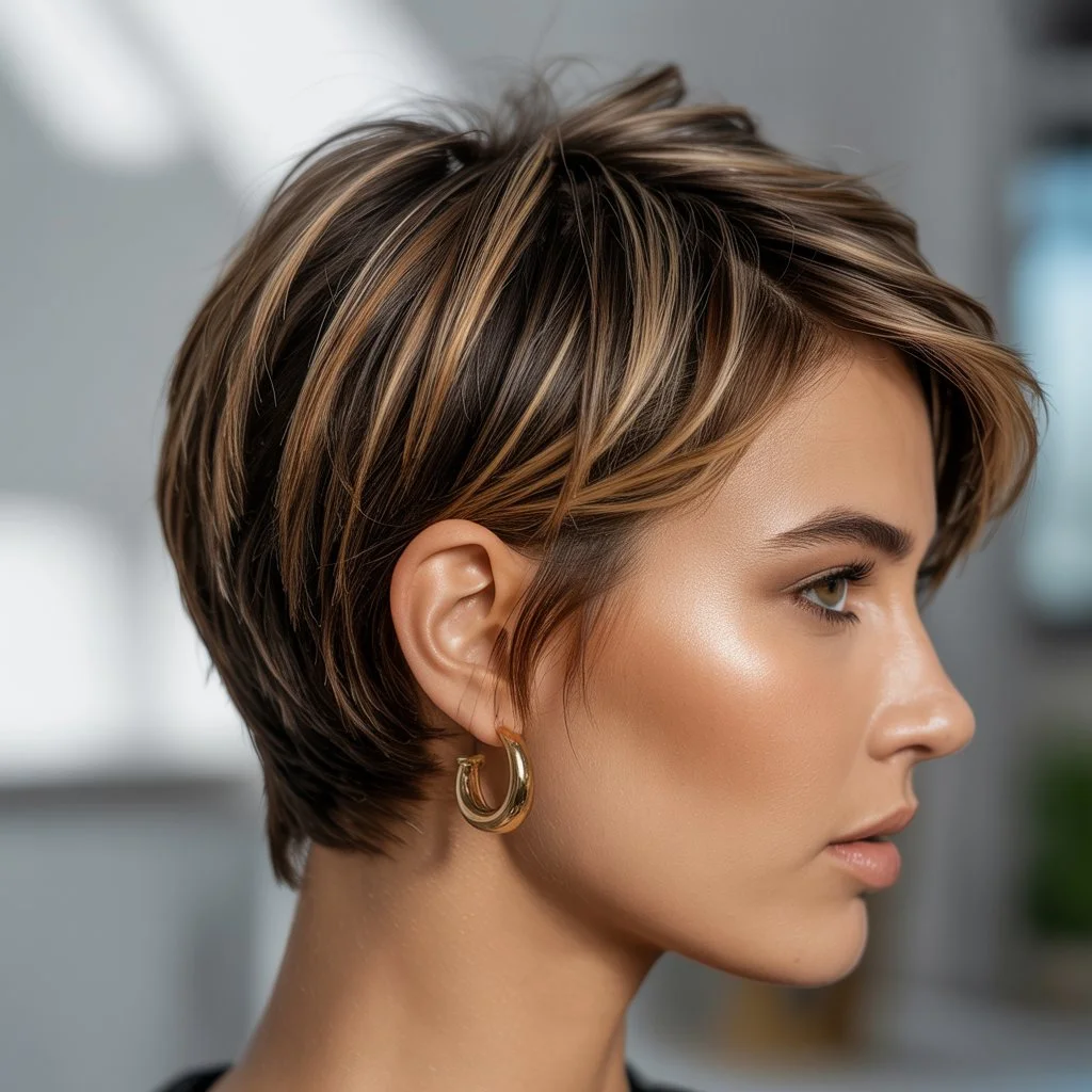 bold summer pixie haircuts 2026 Layered Brunette Pixie with Dimensional Highlights