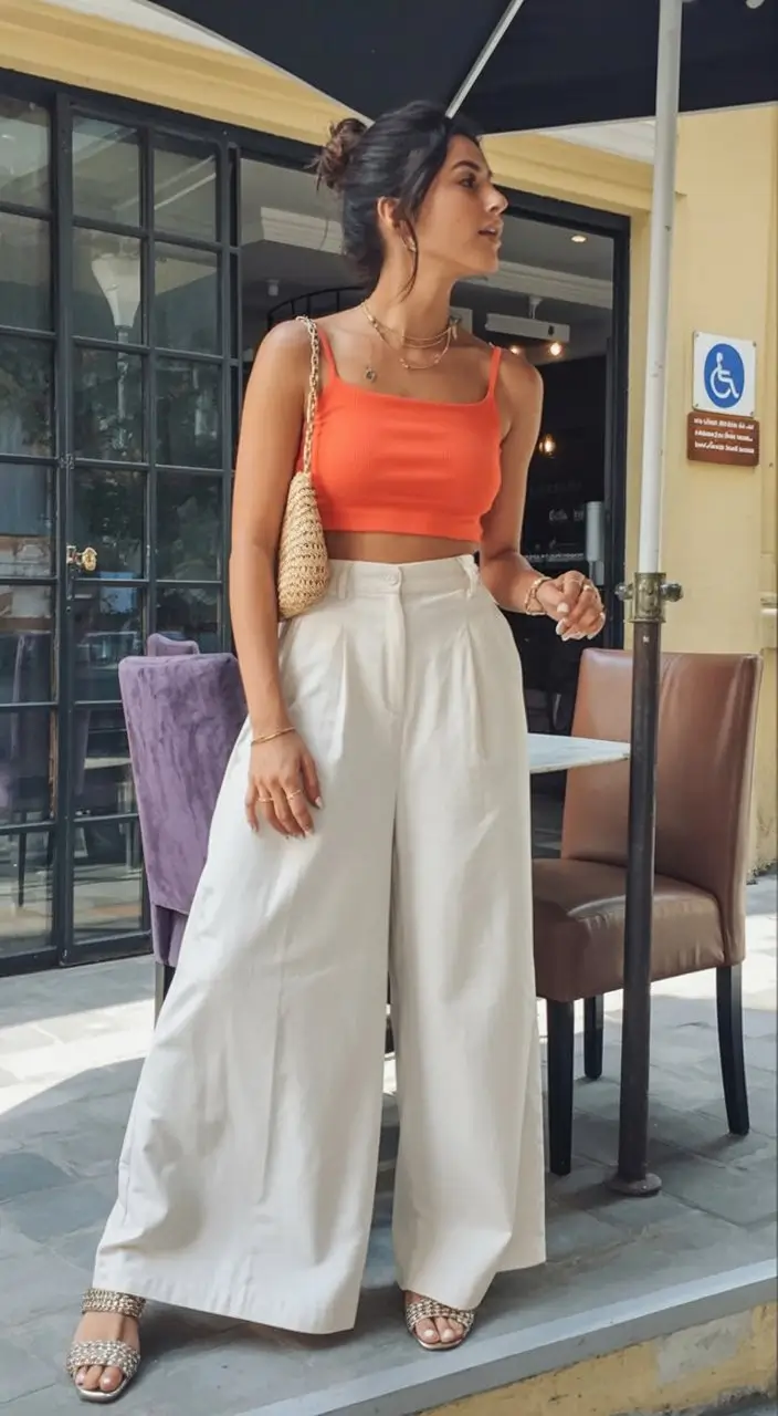 casual summer outfits for women 2026 Bright crop tops with flowing summer pants