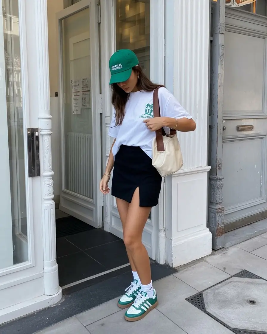 casual summer t-shirt outfit for women 2026 Sporty White Tee with Mini Skirt and Green Accents