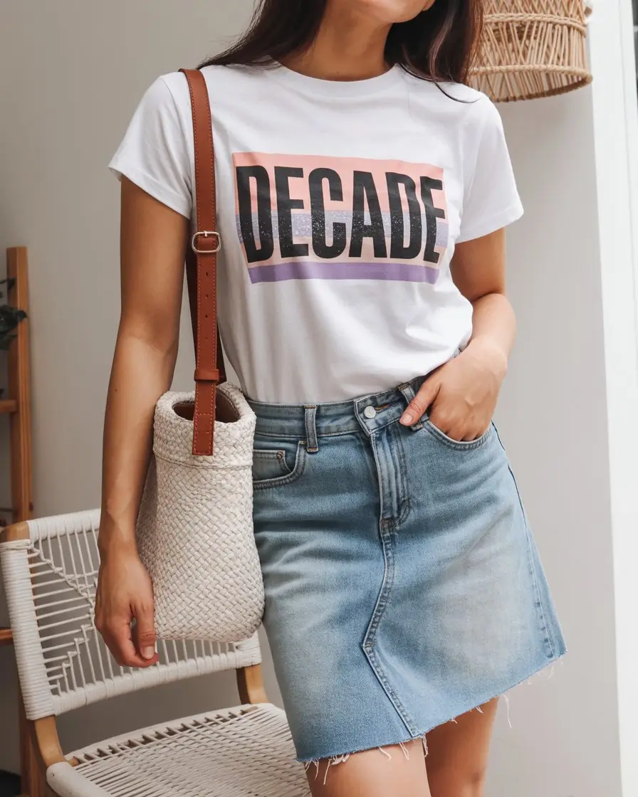 casual summer t-shirt outfit for women 2026 White Graphic Tee with Denim Skirt and Everyday Ease