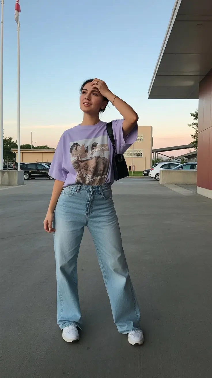 casual summer t-shirt outfit for women 2026 Lavender Tee with Wide Leg Denim and Soft Summer Mood