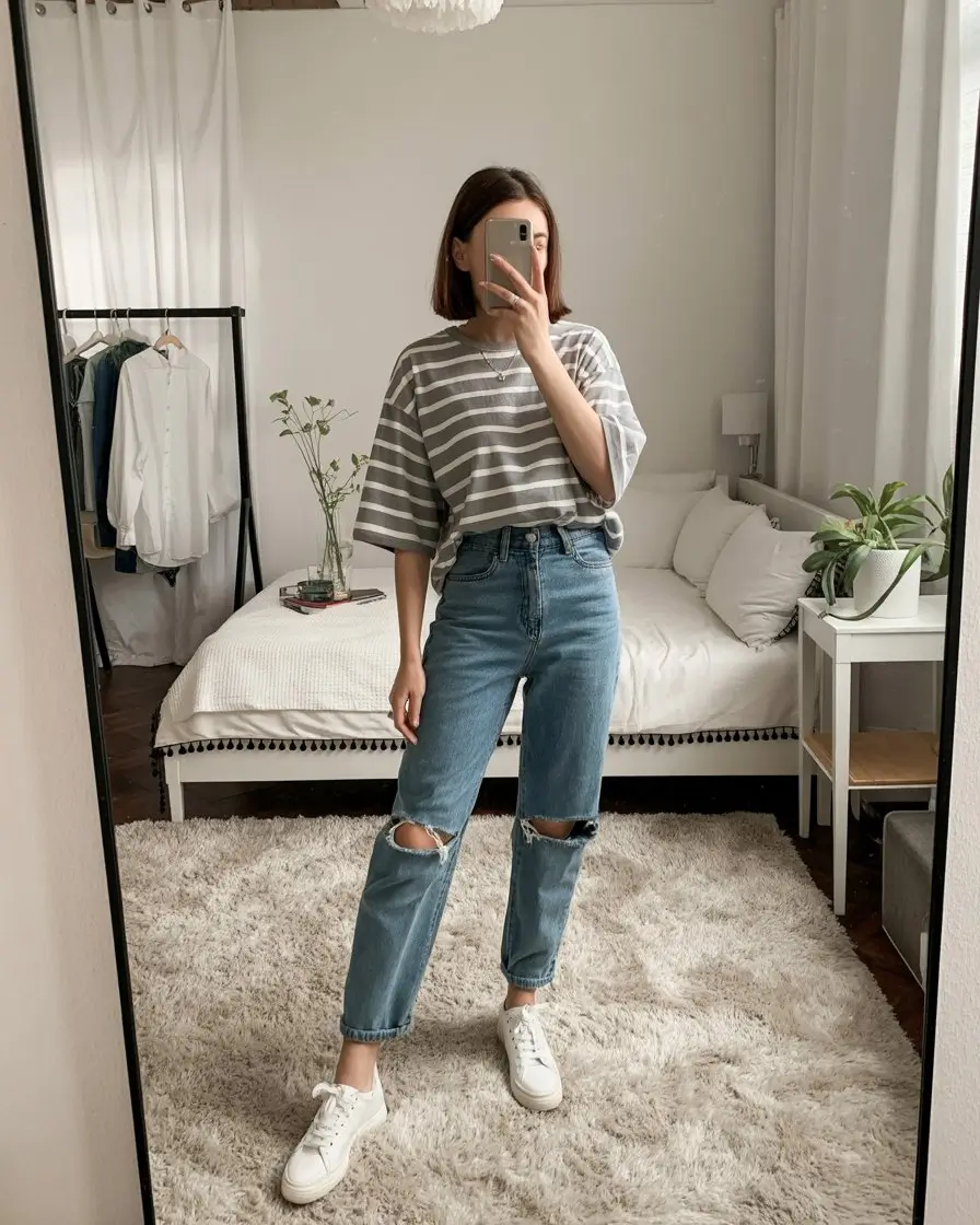 casual summer t-shirt outfit for women 2026 Grey Striped Tee with Classic Denim and Everyday Comfort