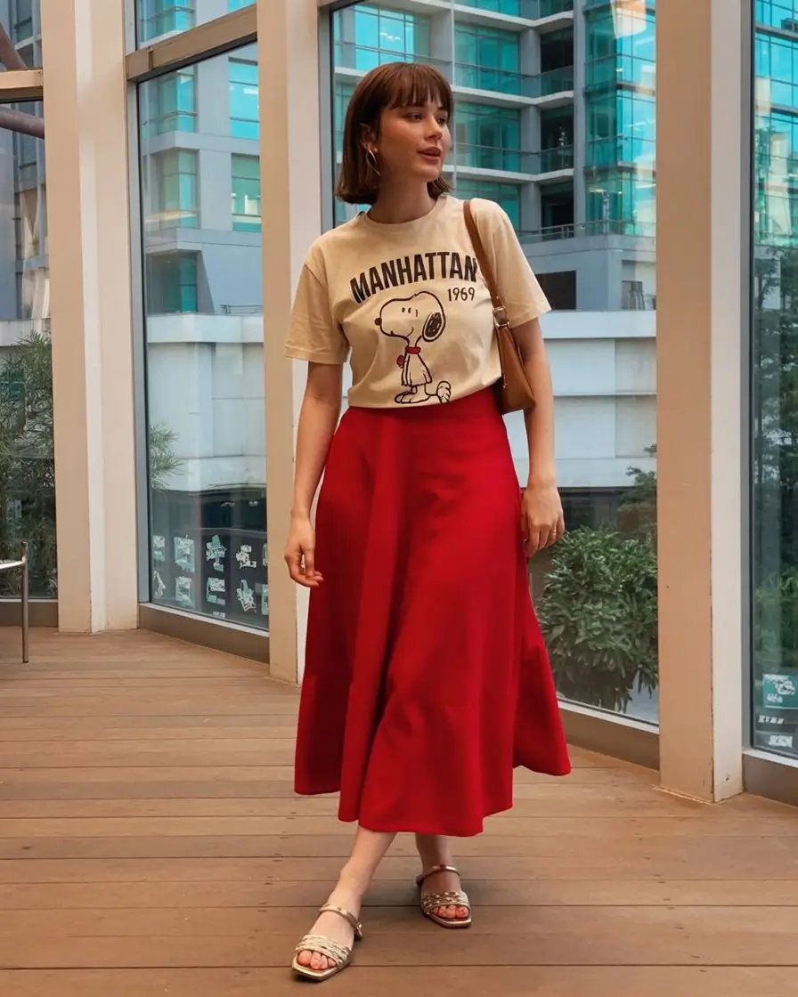 casual summer t-shirt outfit for women 2026 Playful Graphic Tee with a Feminine Red Skirt