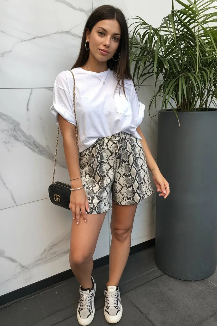 casual summer t-shirt outfit for women 2026 White Tee with Snake Print Shorts and Elevated Casual Mood
