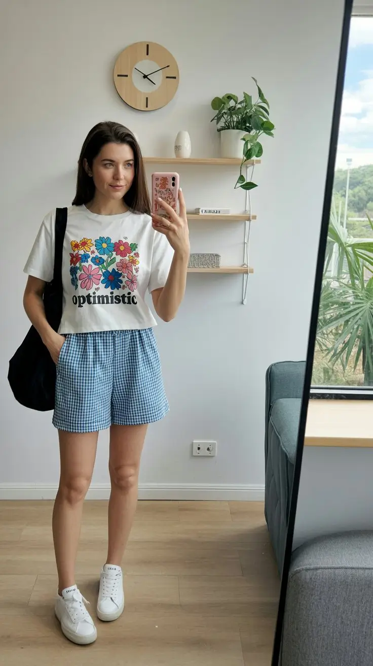 casual summer t-shirt outfit for women 2026 Playful Graphic Tee with Gingham Shorts and Light Summer Energy