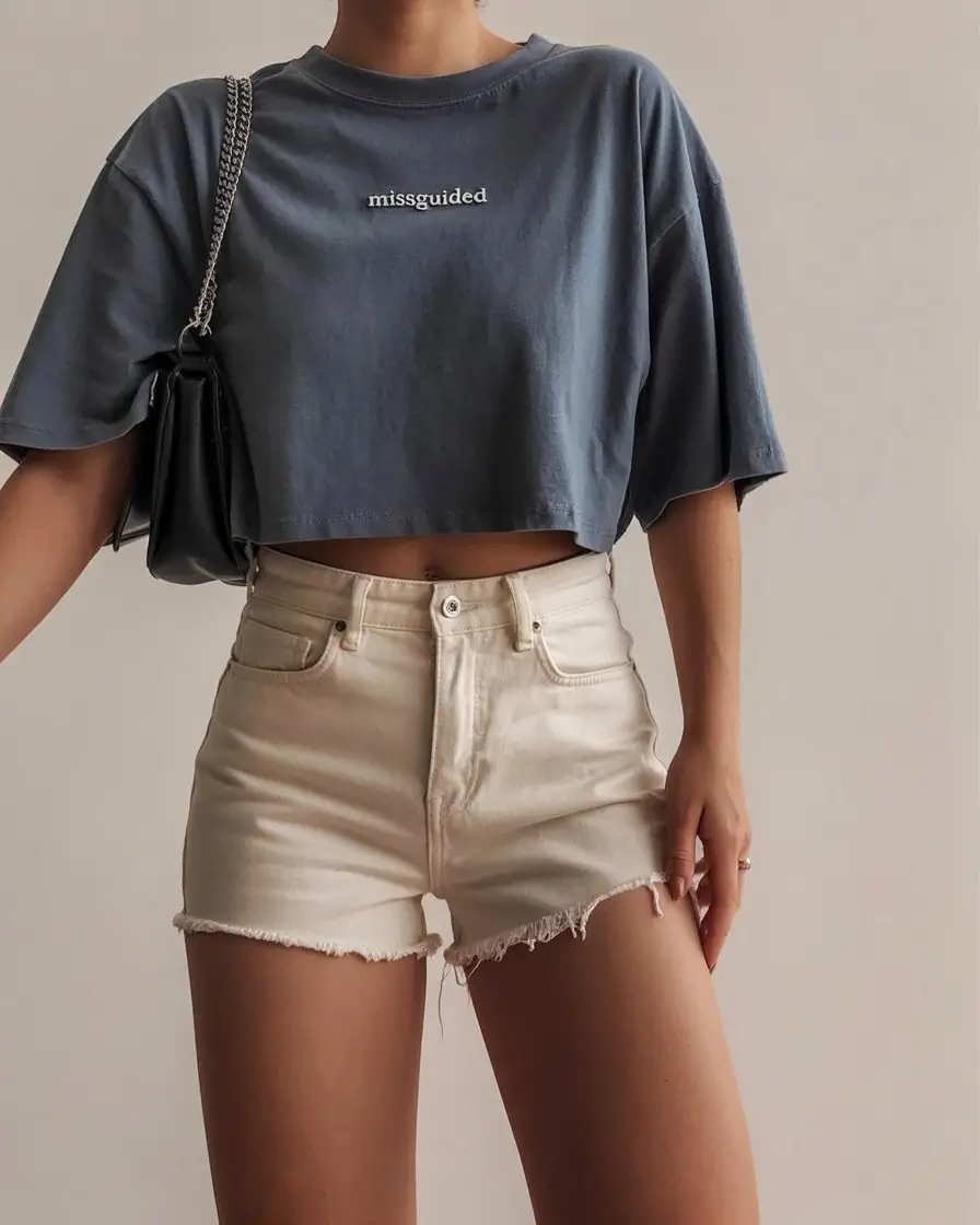 casual summer t-shirt outfit for women 2026 Minimal Grey Crop Tee with Light Denim Ease
