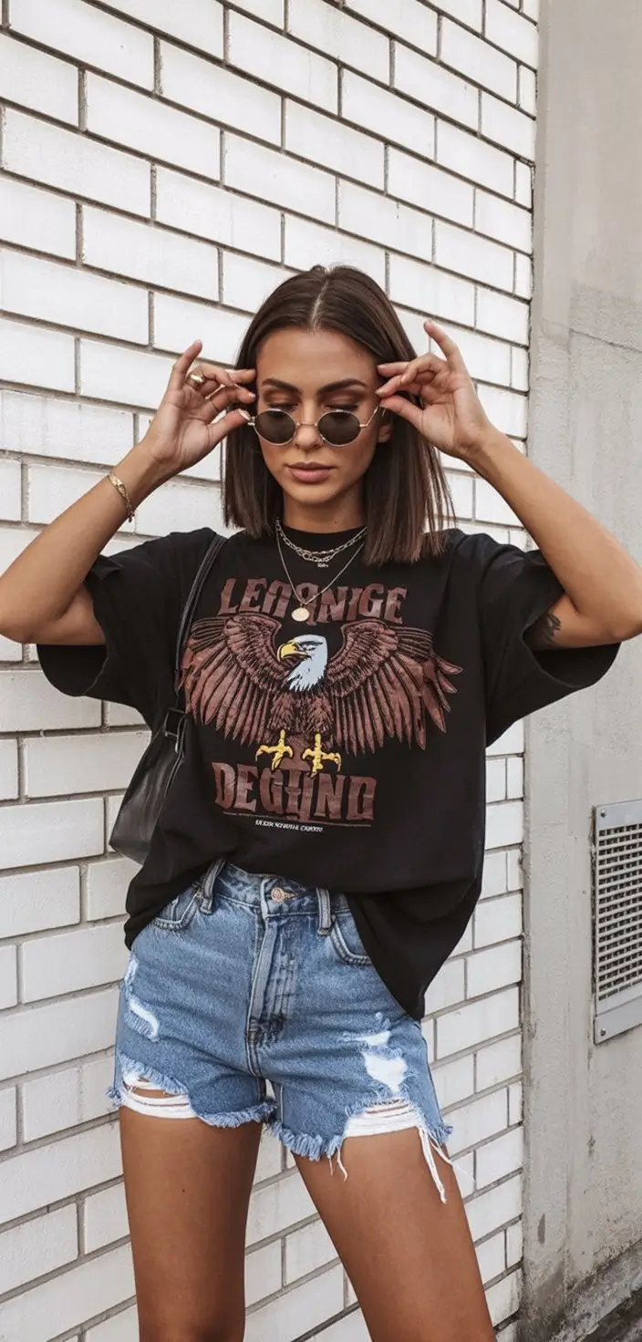 casual summer t-shirt outfit for women 2026 Edgy Black Graphic Tee with Classic Denim Shorts