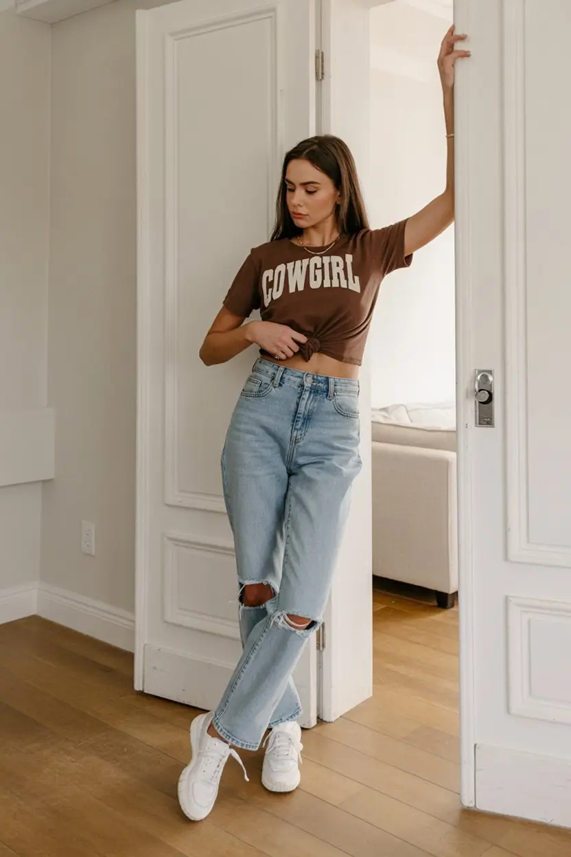 casual summer t-shirt outfit for women 2026 Soft Brown Tee with Light Blue Denim and Weekend Energy