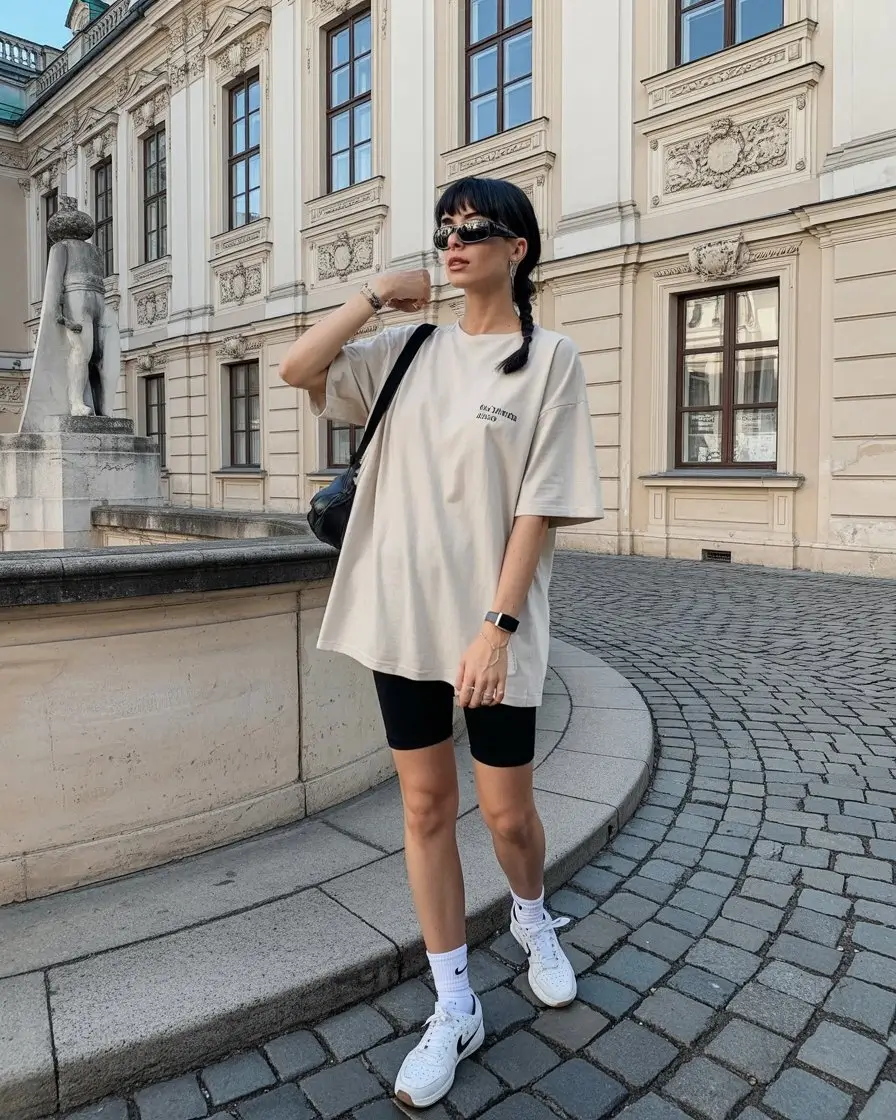 casual summer t-shirt outfit for women 2026 Oversized Neutral Tee with Biker Shorts and Street Balance