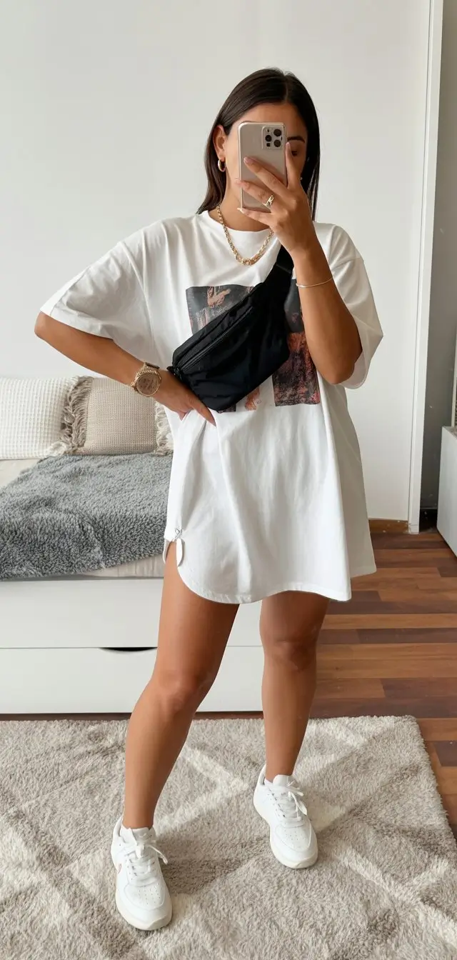 casual summer t-shirt outfit for women 2026 White Tee Dress with Minimal Accessories and Clean Lines