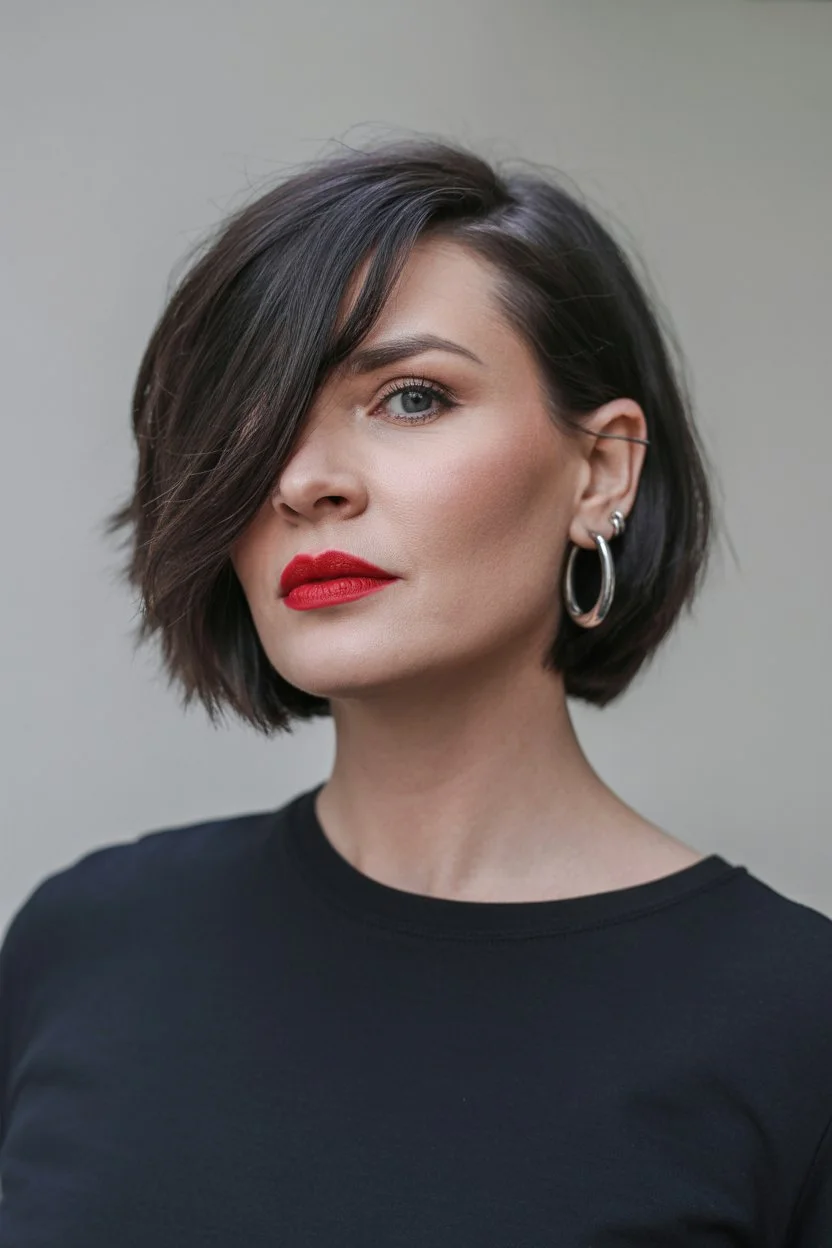 chic summer haircuts for women over 40 2026 soft angled bob with sweeping bangs energy