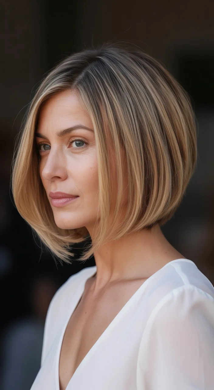 chic summer haircuts for women over 40 2026 sleek blonde long bob with precision edge