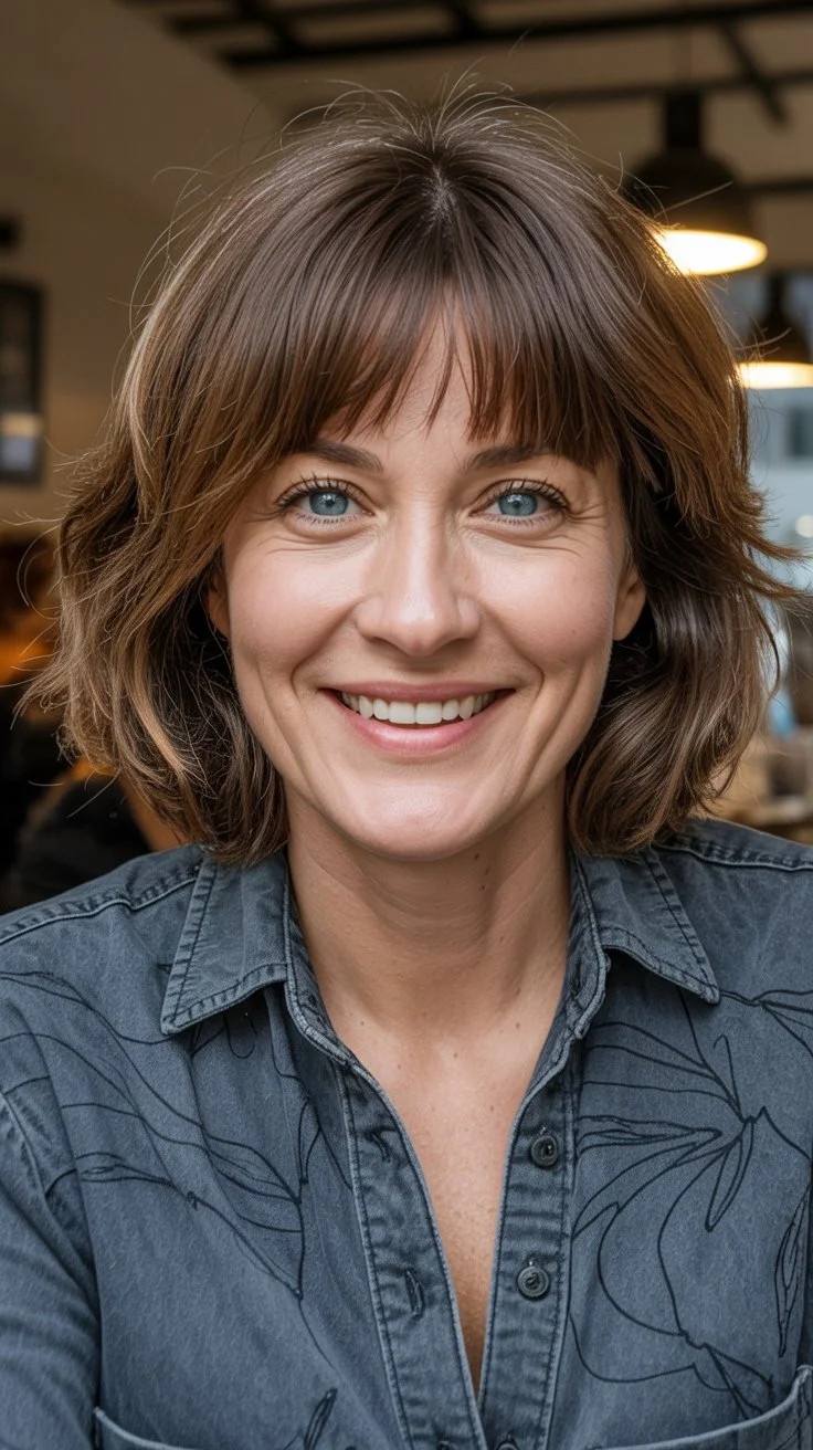 chic summer haircuts for women over 40 2026 textured short shag with light bangs and movement