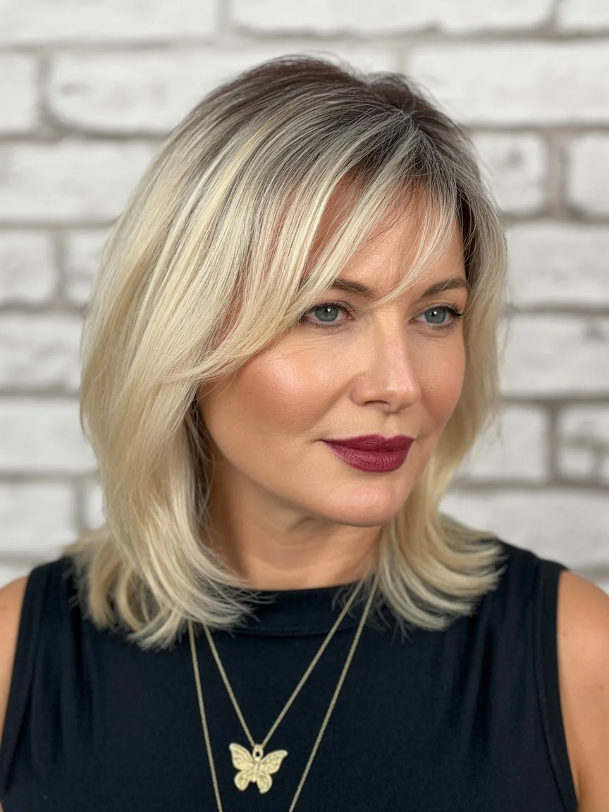 chic summer haircuts for women over 40 2026 layered blonde mid length cut with soft fringe