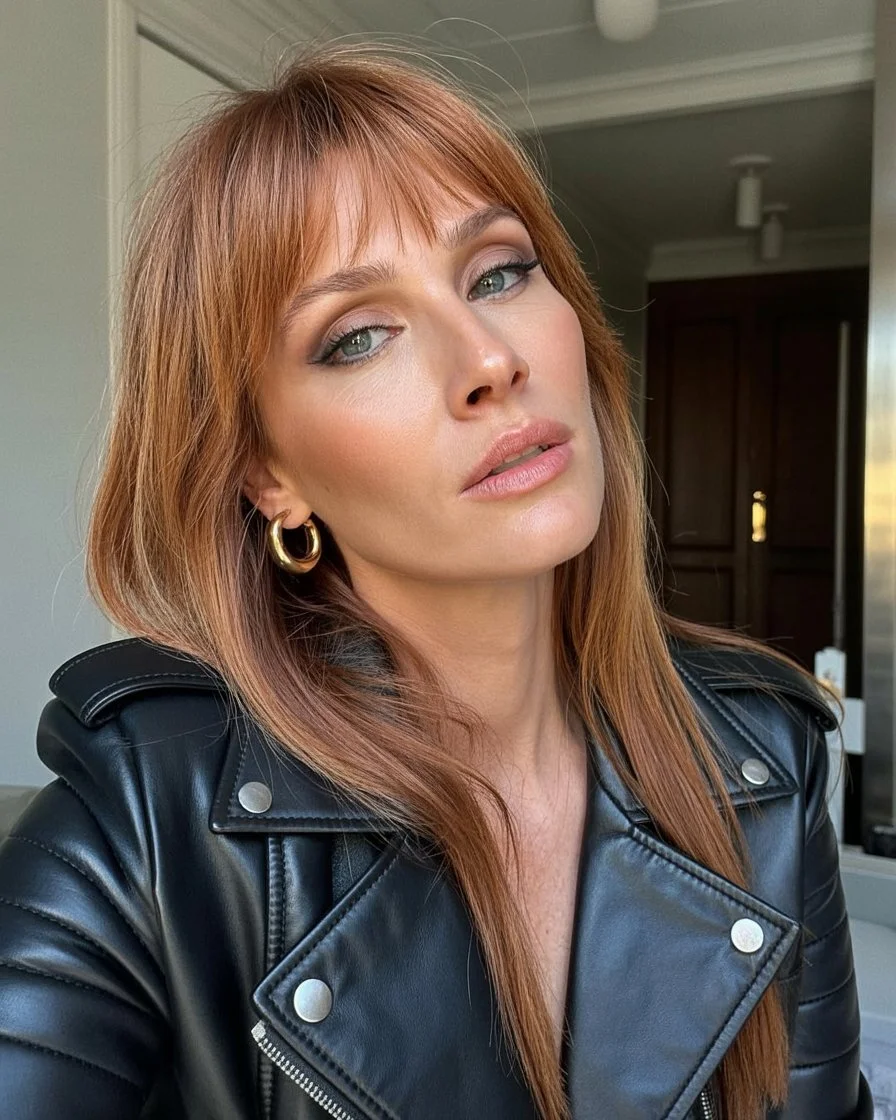 chic summer haircuts for women over 40 2026 long copper layers with soft fringe attitude