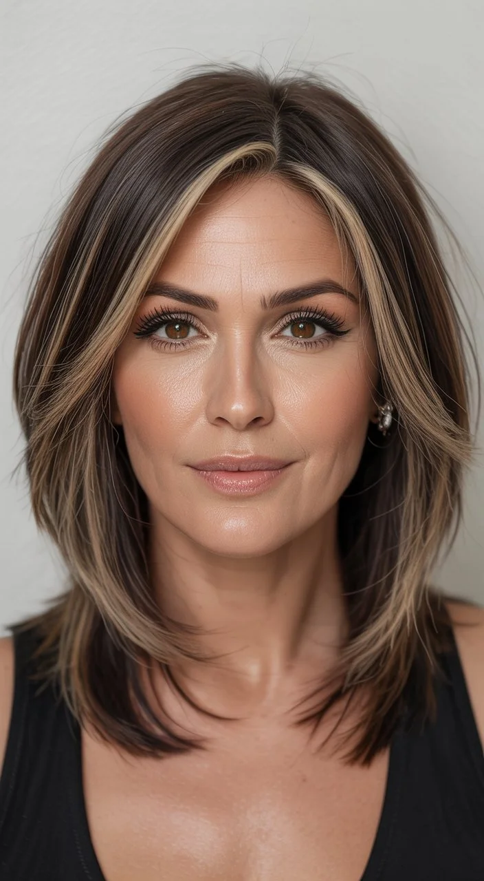 chic summer haircuts for women over 40 2026 mid length layered cut with soft contrast highlights