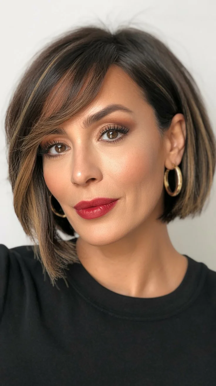 chic summer haircuts for women over 40 2026 polished short bob with side swept bangs and gloss finish