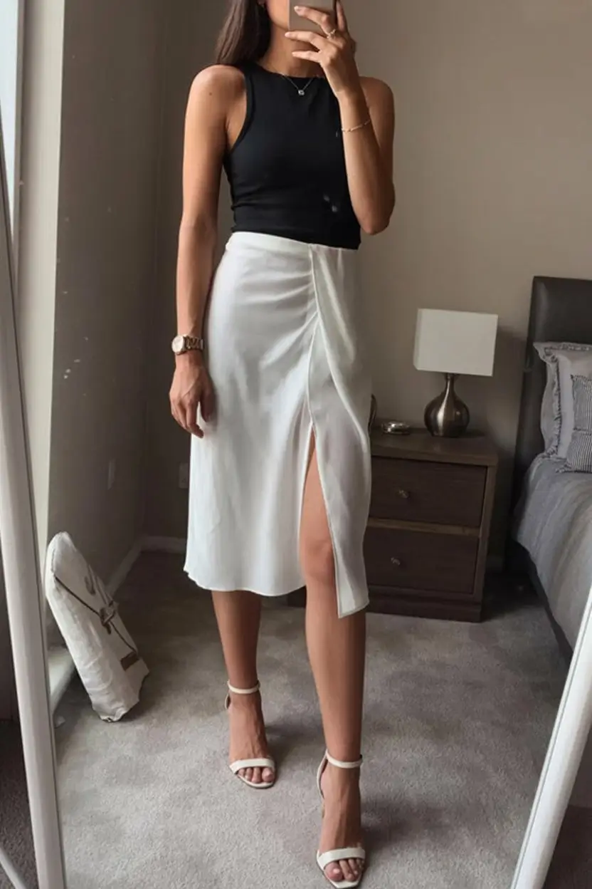 chic summer work outfits 2026 Monochrome contrast with feminine tailoring