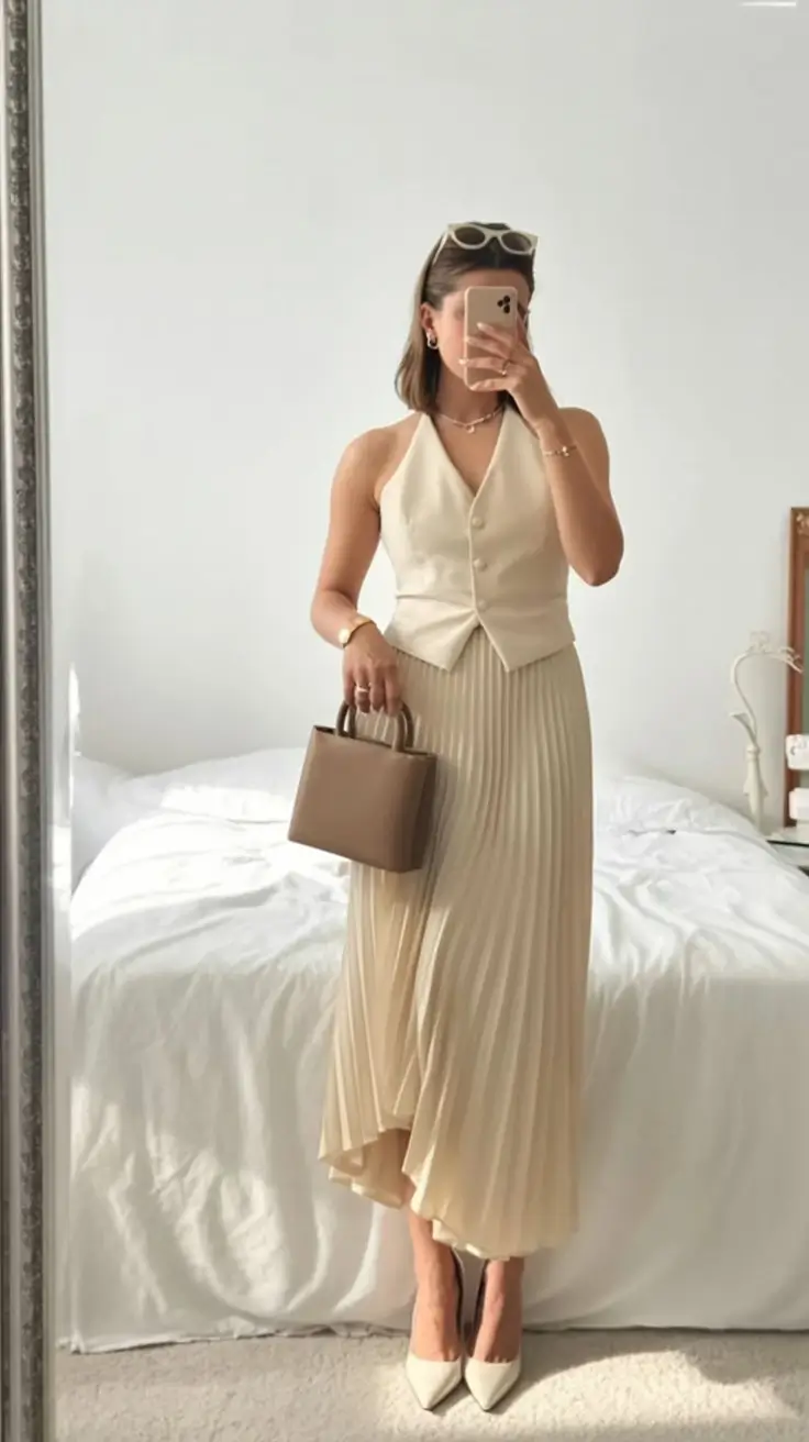 chic summer work outfits 2026 Soft monochrome elegance with fluid movement