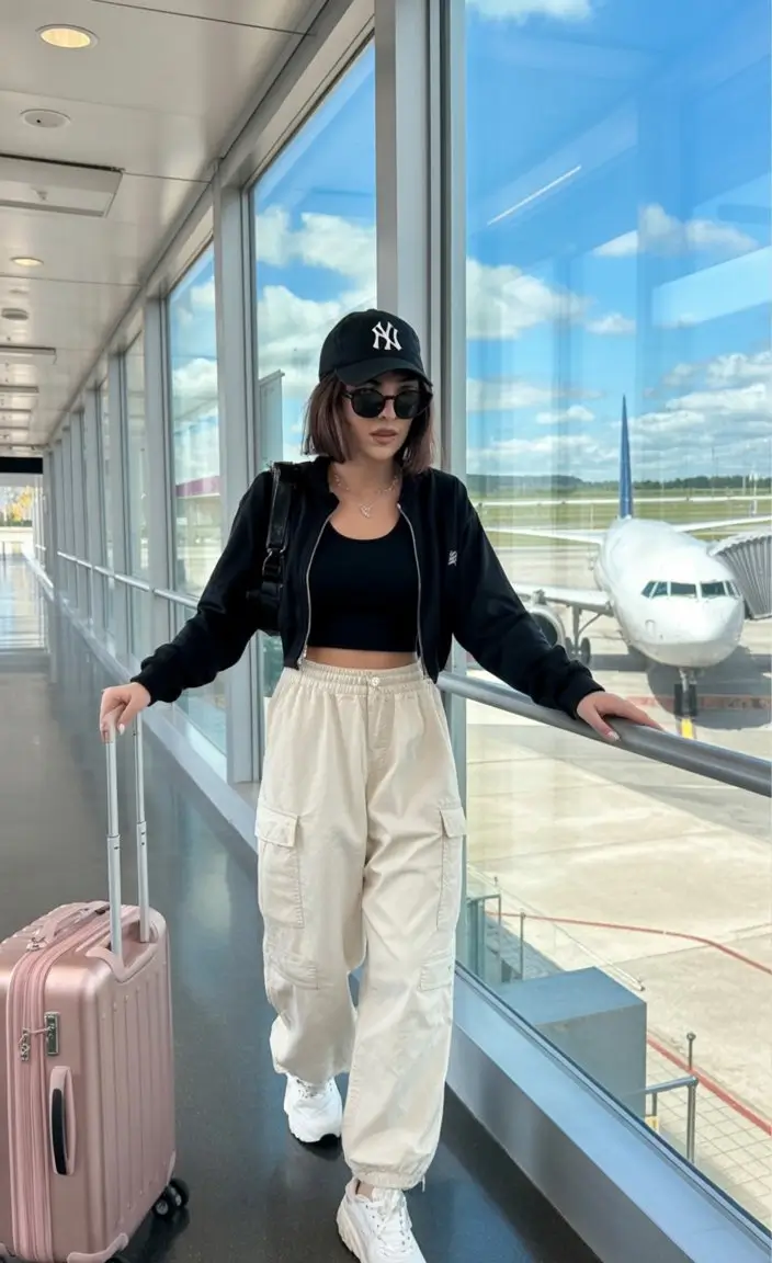 comfy airport outfits summer 2026 sporty neutral cargo style