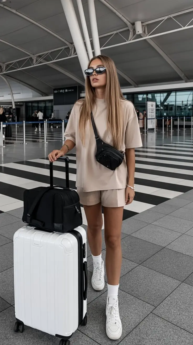 comfy airport outfits summer 2026 monochrome beige chic set