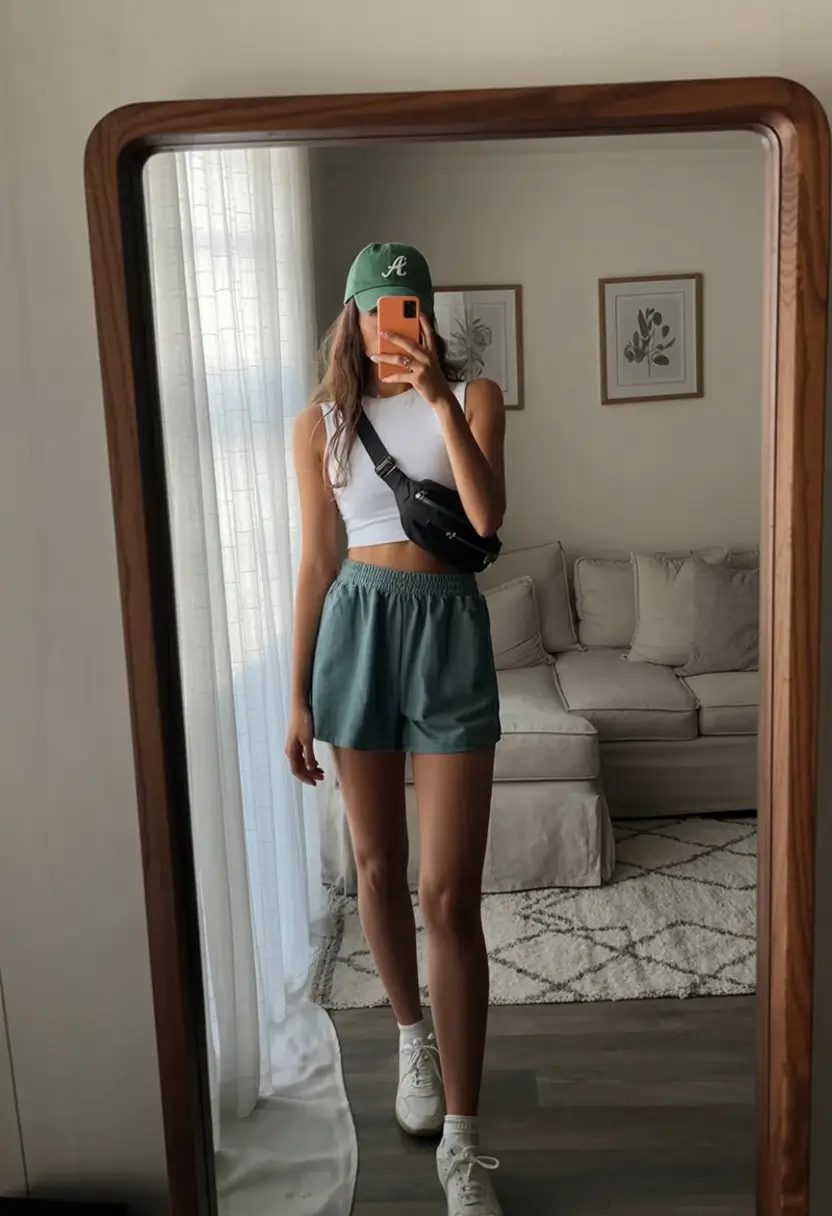 comfy airport outfits summer 2026 sporty green shorts aesthetic