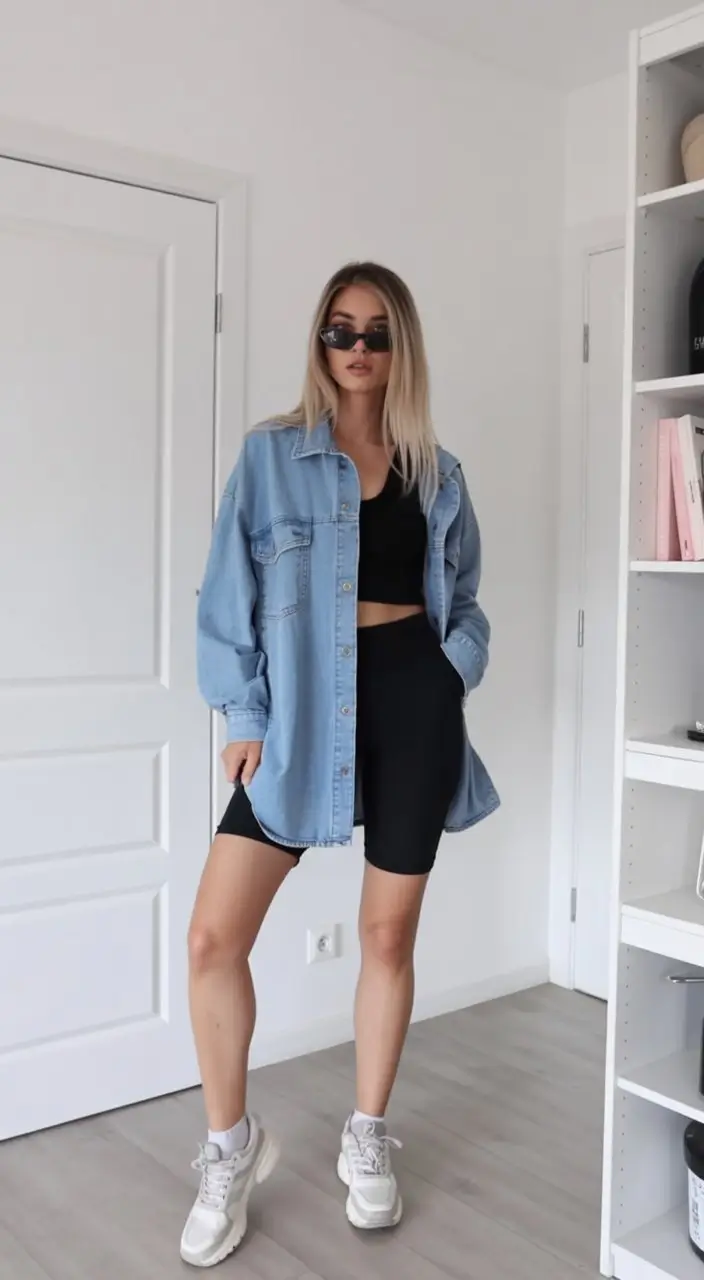 comfy airport outfits summer 2026 black set denim jacket chic