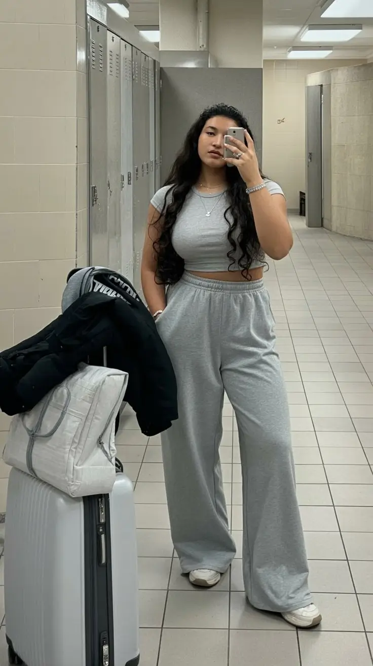 comfy airport outfits summer 2026 gray lounge set casual chic