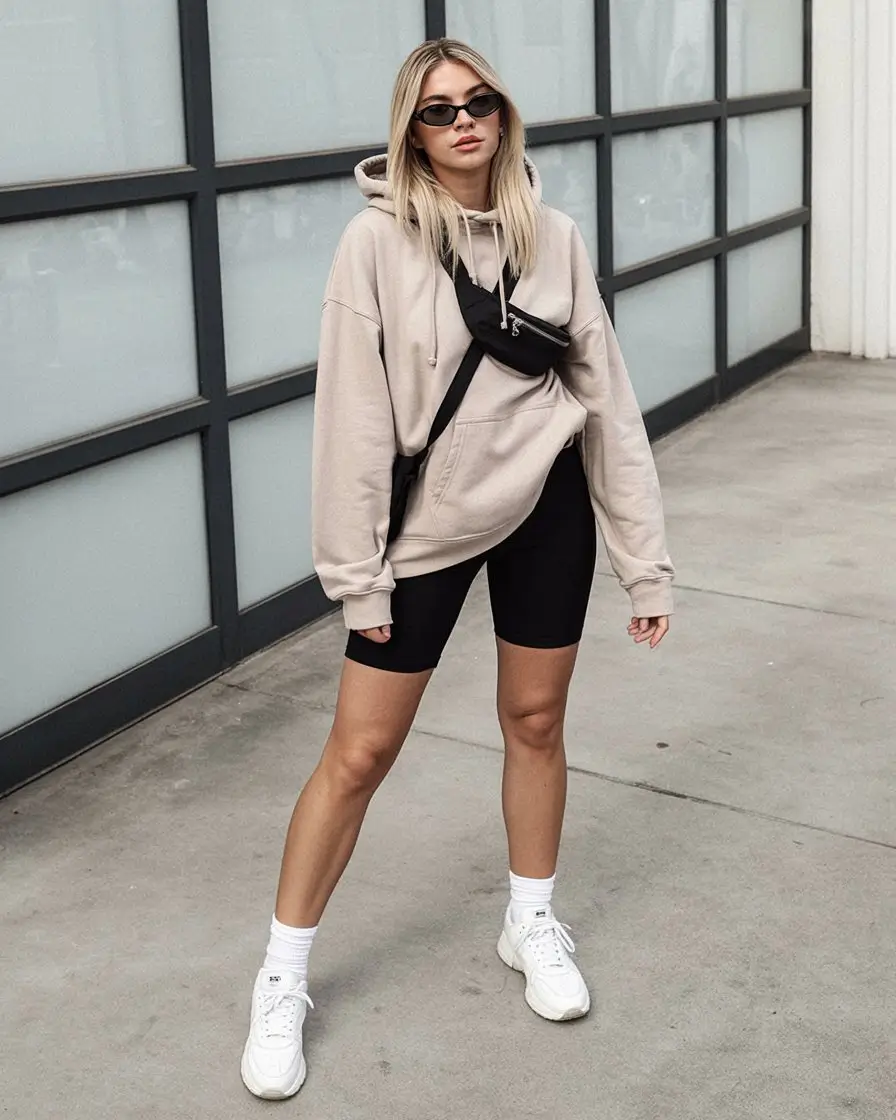 comfy airport outfits summer 2026 hoodie biker shorts leggings style