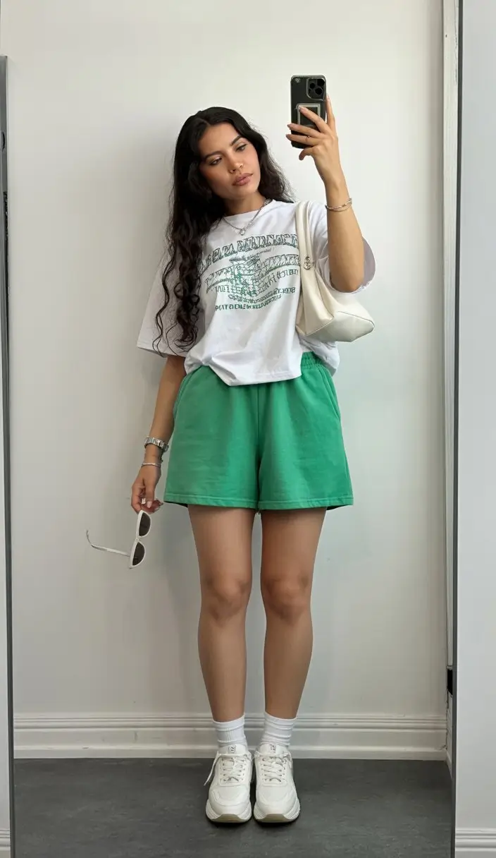 comfy airport outfits summer 2026 green shorts casual chic
