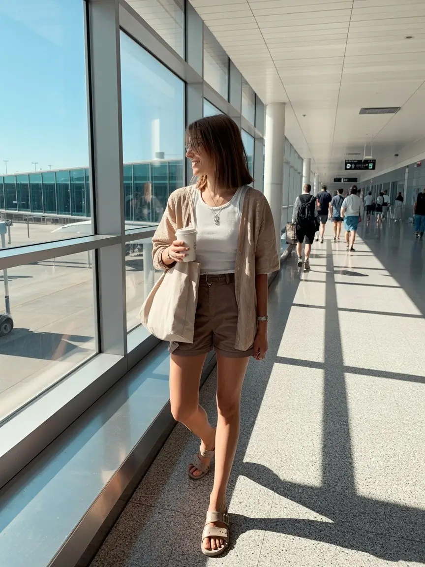 comfy airport outfits summer 2026 neutral casual shorts chic