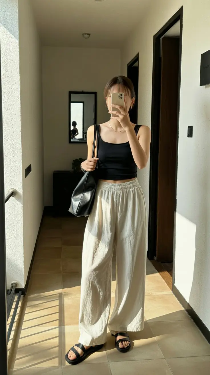 comfy airport outfits summer 2026 black top beige pants minimal chic