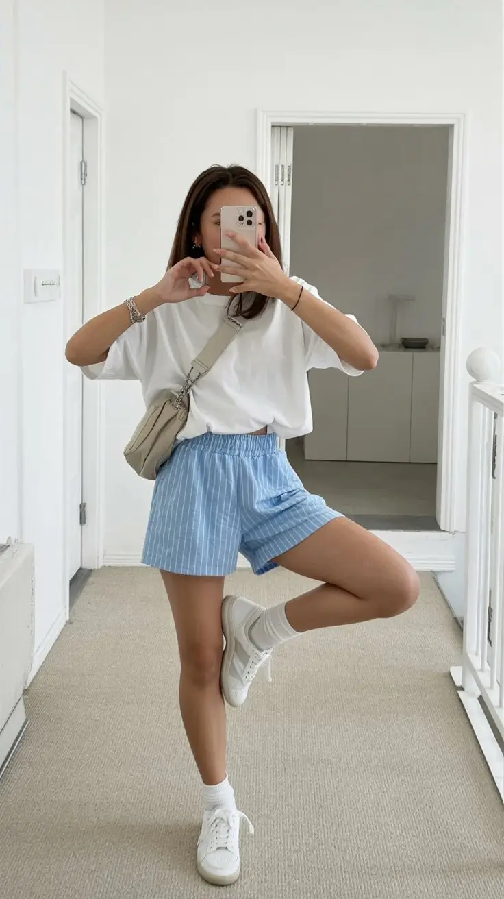 comfy airport outfits summer 2026 striped shorts casual simple look