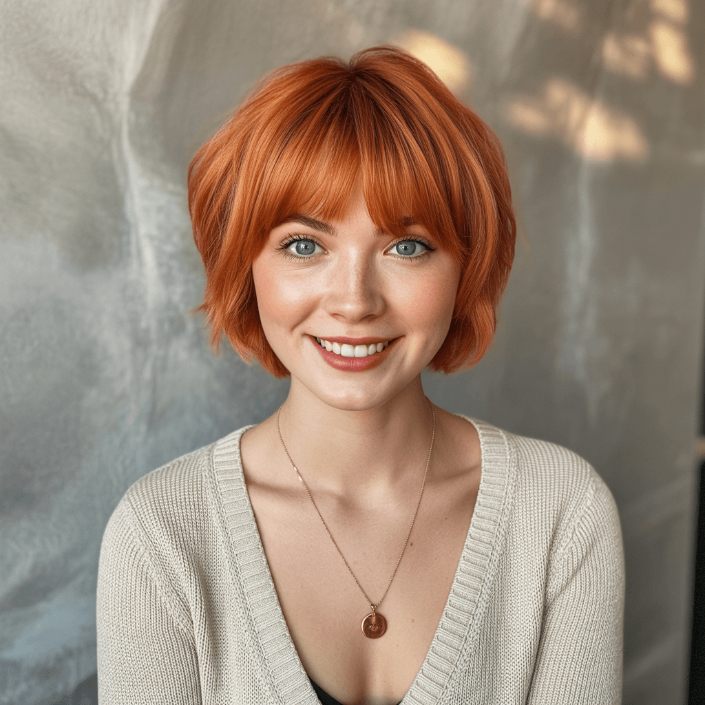 edgy summer short haircuts 2026 Playful copper bob with soft layers and fringe