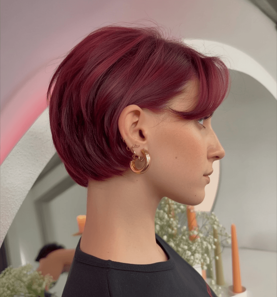edgy summer short haircuts 2026 Sleek short crop with deep burgundy tone