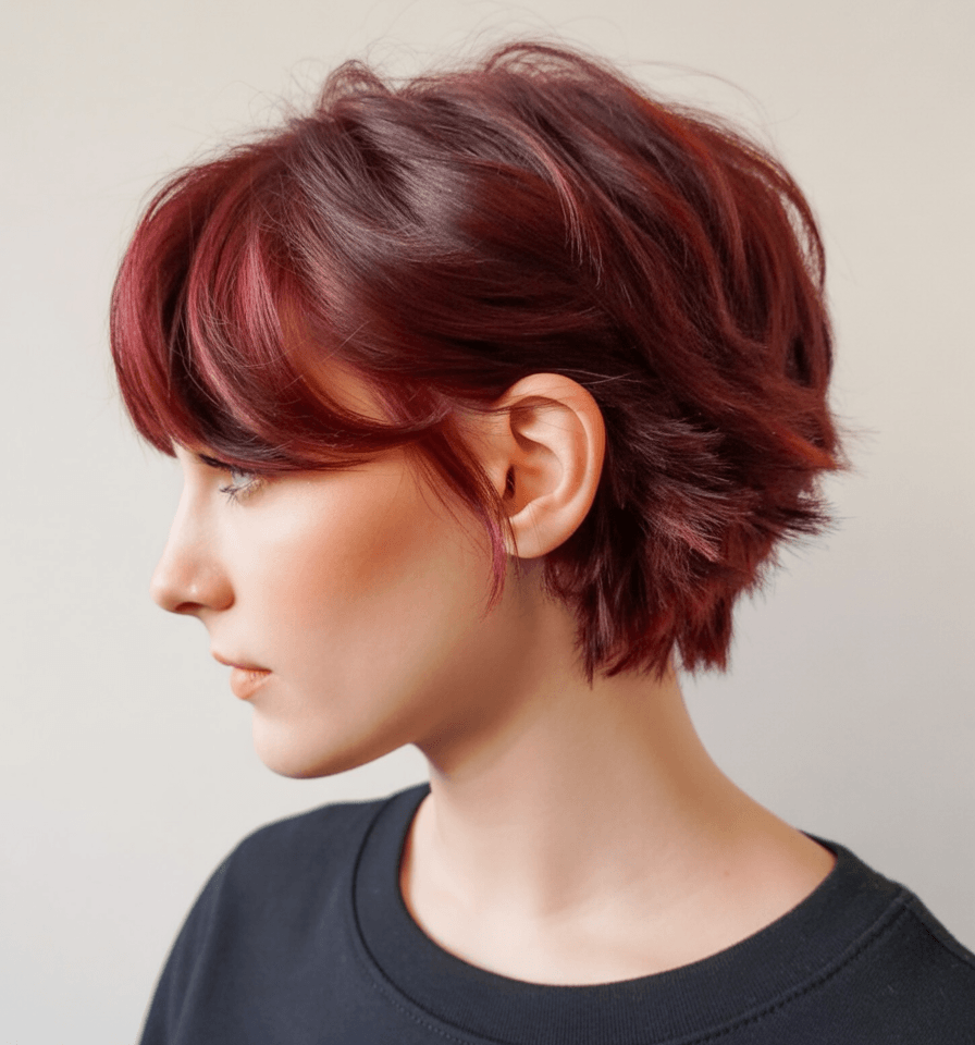 edgy summer short haircuts 2026 Layered red pixie with soft volume