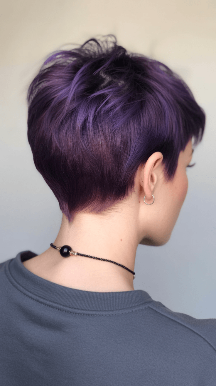 edgy summer short haircuts 2026 Deep violet cropped cut with tapered nape