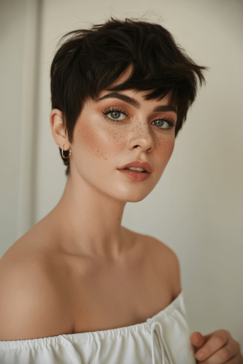 edgy summer short haircuts 2026 Textured micro pixie with soft fringe edge