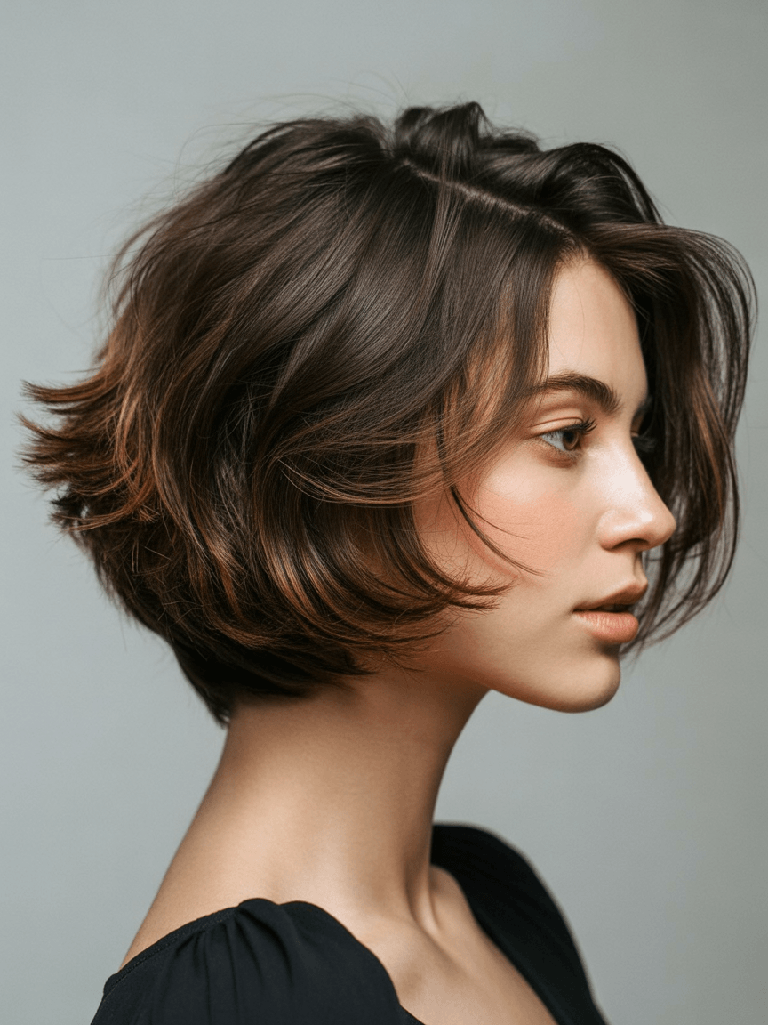 edgy summer short haircuts 2026 Layered short bob with volume and movement