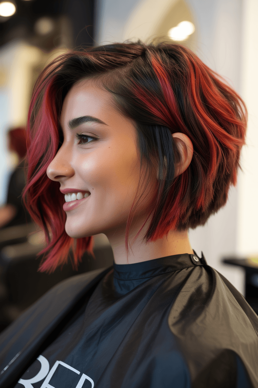 edgy summer short haircuts 2026 Bold angled bob with deep red contrast