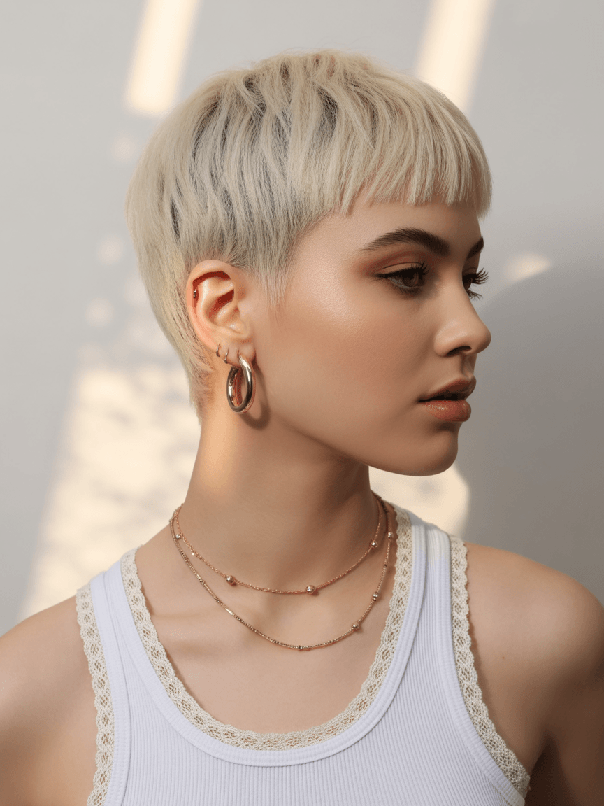 edgy summer short haircuts 2026 Ultra short platinum pixie with sharp fringe