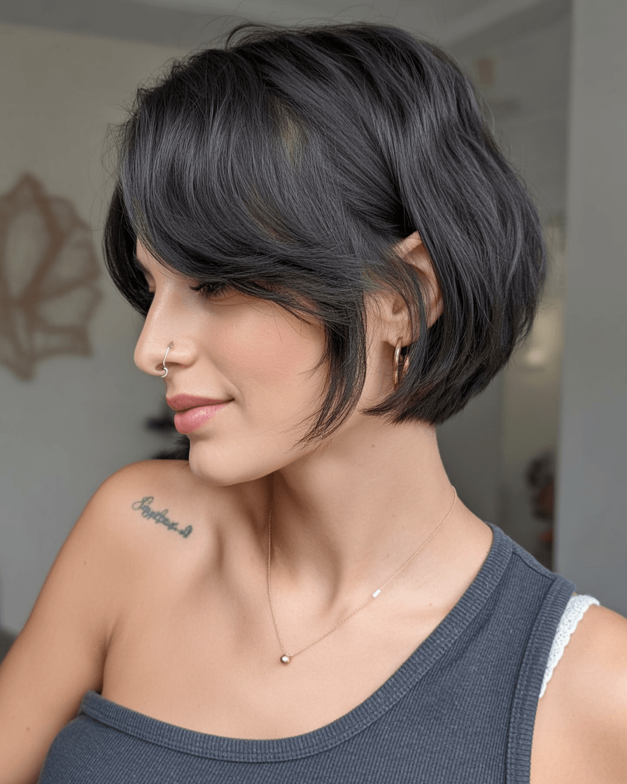 edgy summer short haircuts 2026 Rounded bob with soft fringe and natural shine
