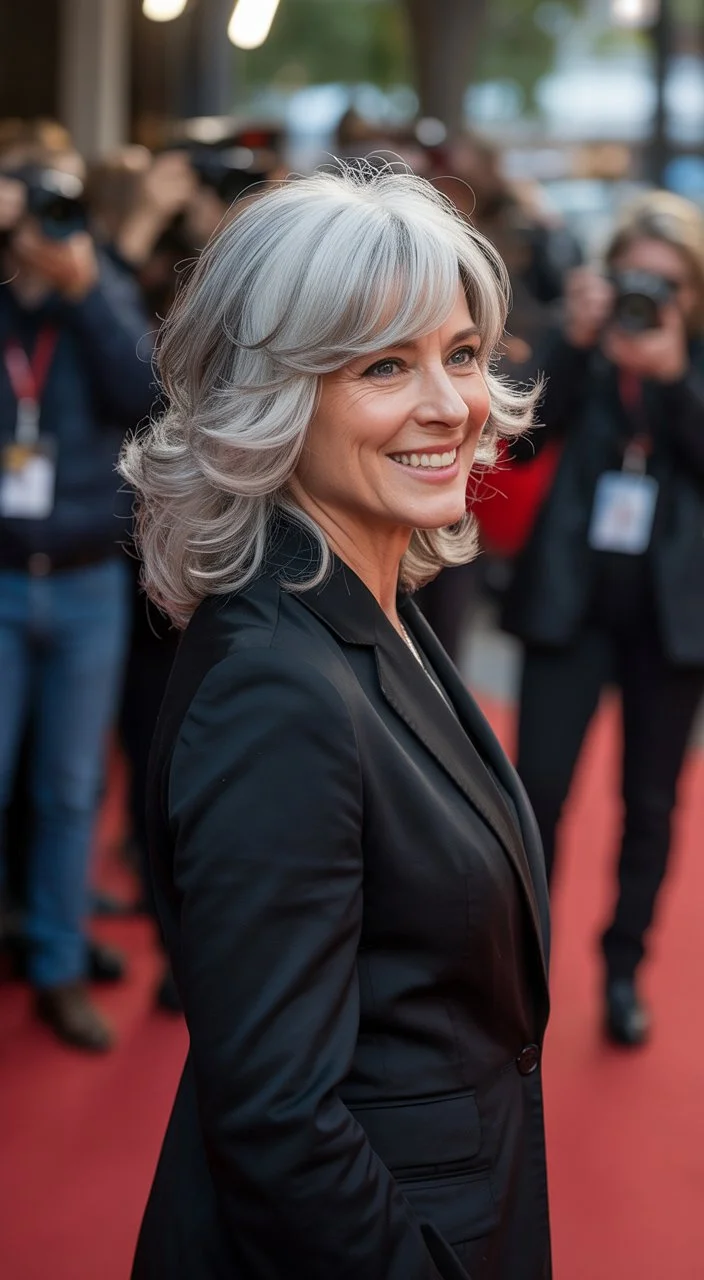 elegant summer haircuts for women over 60 2026 Feathered layered shag with curtain bangs