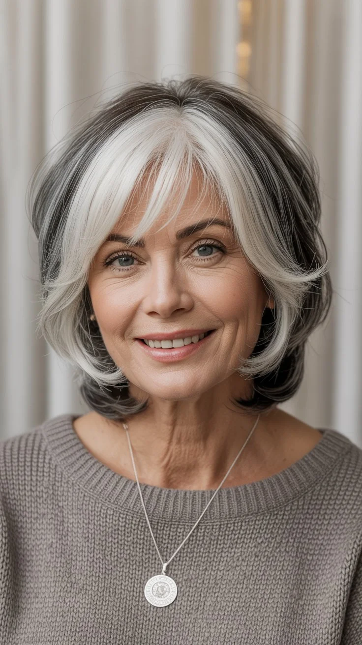 elegant summer haircuts for women over 60 2026 Short layered bob with bold contrast framing