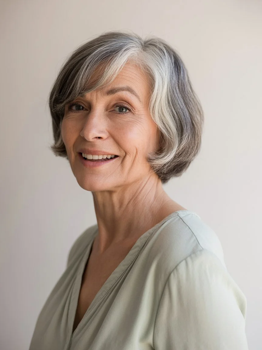 elegant summer haircuts for women over 60 2026 Soft rounded short bob with natural gray blend