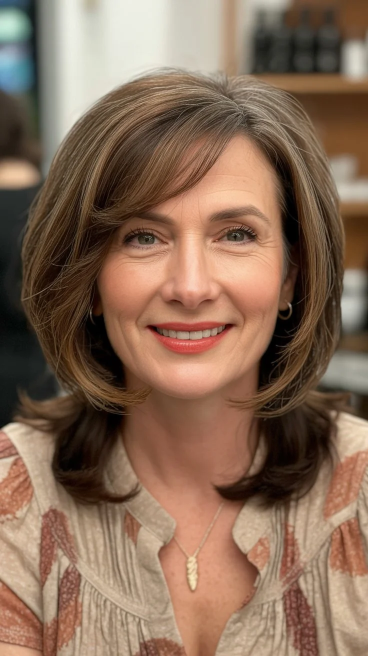 elegant summer haircuts for women over 60 2026 Layered medium cut with soft face framing