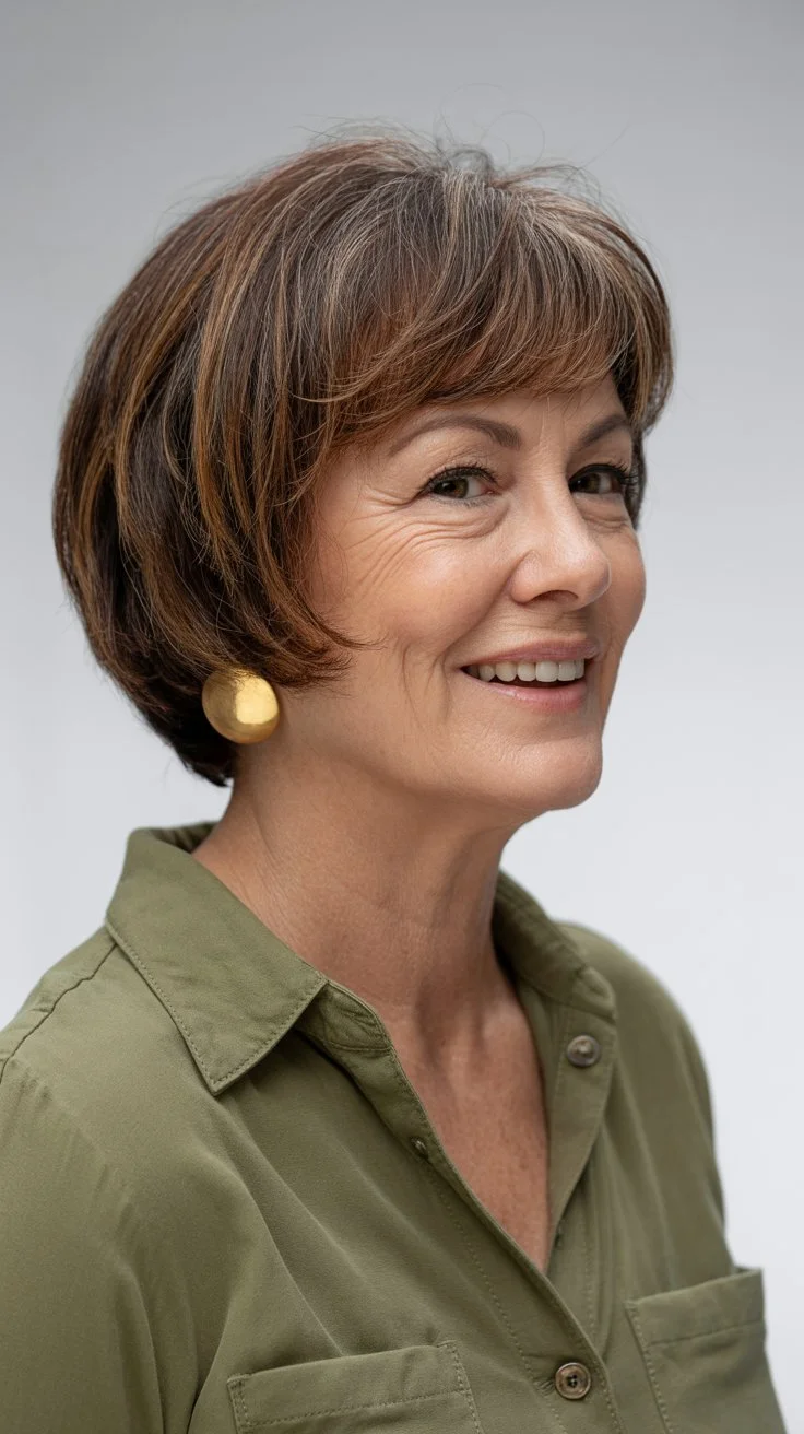 elegant summer haircuts for women over 60 2026 Classic short bob with soft bangs